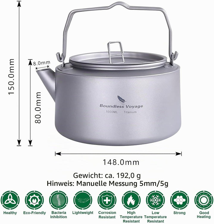 iBasingo 1L Titan Wasserkocher Camping Teekanne mit Grossem Fassungsvermögen mit Klappgriff &amp; Filter