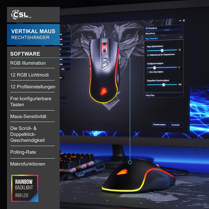 CSL-Computer TITANWOLF - Gaming Maus 12400 DPI mit RGB Beleuchtung, 8 programmierbare Tasten, Ergono