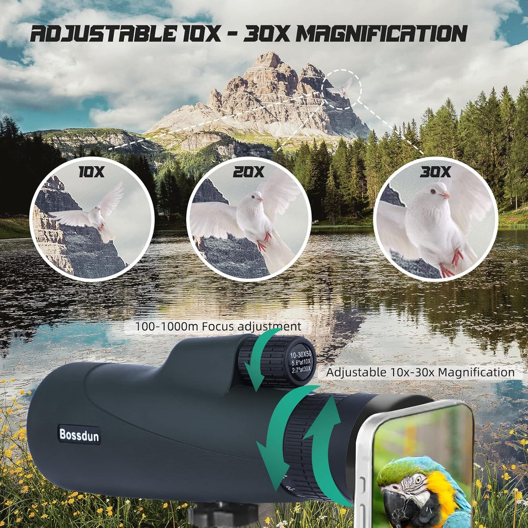 10-30x50 Zoom-Monokular-Teleskop mit Stativ Tragetasche Handschlaufe Telefonadapter - BAK4 Prisma &