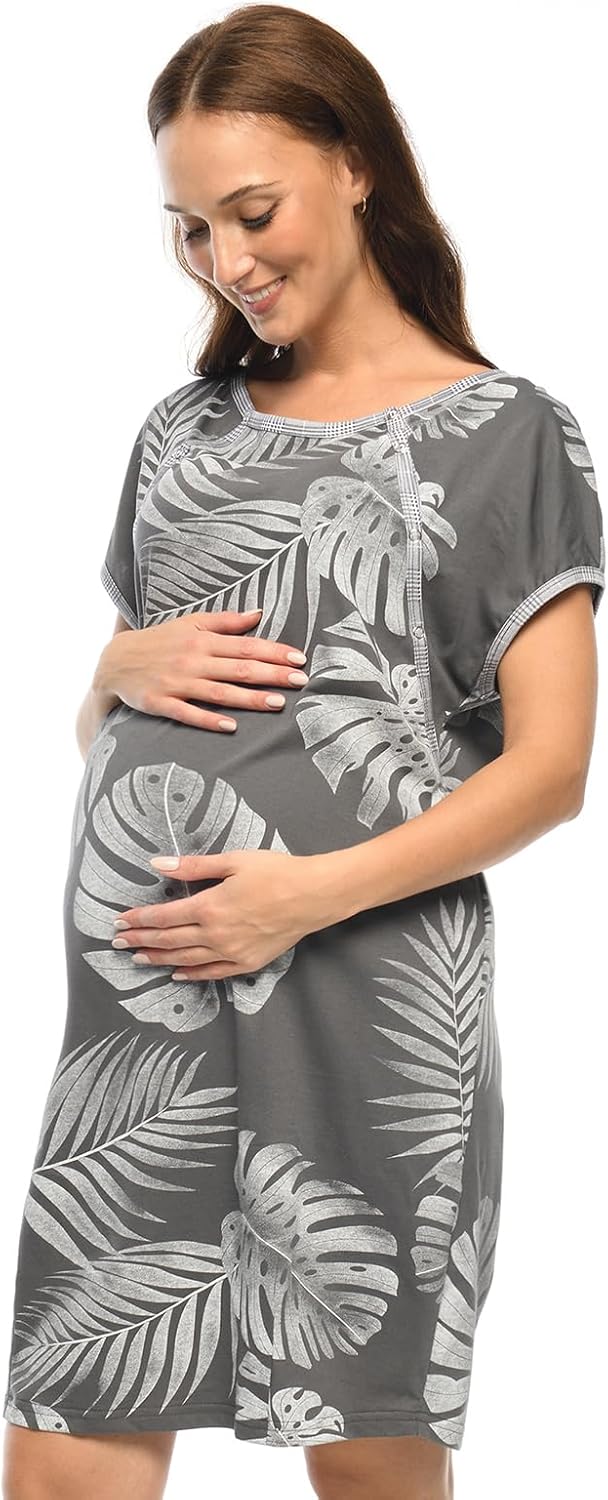 MijaCulture 3 in1 Geburtskleid Stillnachthemd Umstandsnachthemd 4123 Graphite / Palmen S, Graphite /
