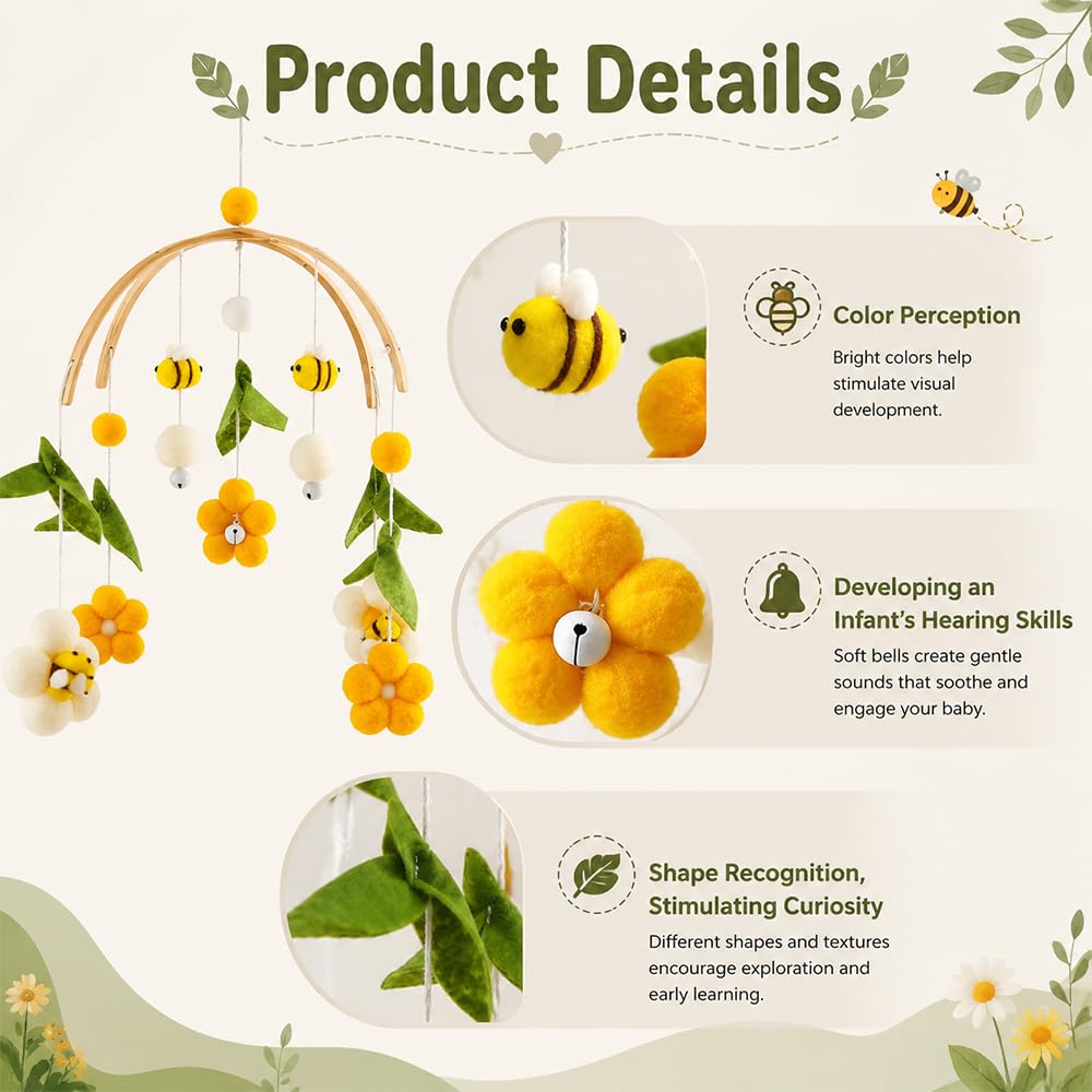 Mobile Kinderbett,Mobile für Wickeltisch,Wickeltisch Mobile mit Filzbällen, Bienen und Blumen,Kinder