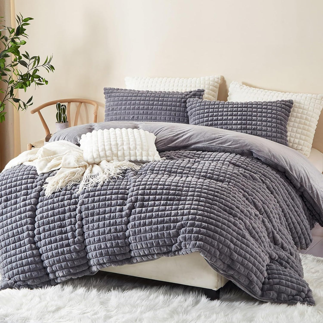 Tospass Plüsch Bettwäsche 135x200 cm 4 Teilig Winter Kaninchenfell Samt Bettwäsche Fleece Biber Grau