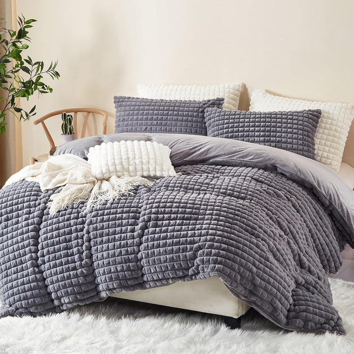 Tospass Plüsch Bettwäsche 135x200 cm 4 Teilig Winter Kaninchenfell Samt Bettwäsche Fleece Biber Grau