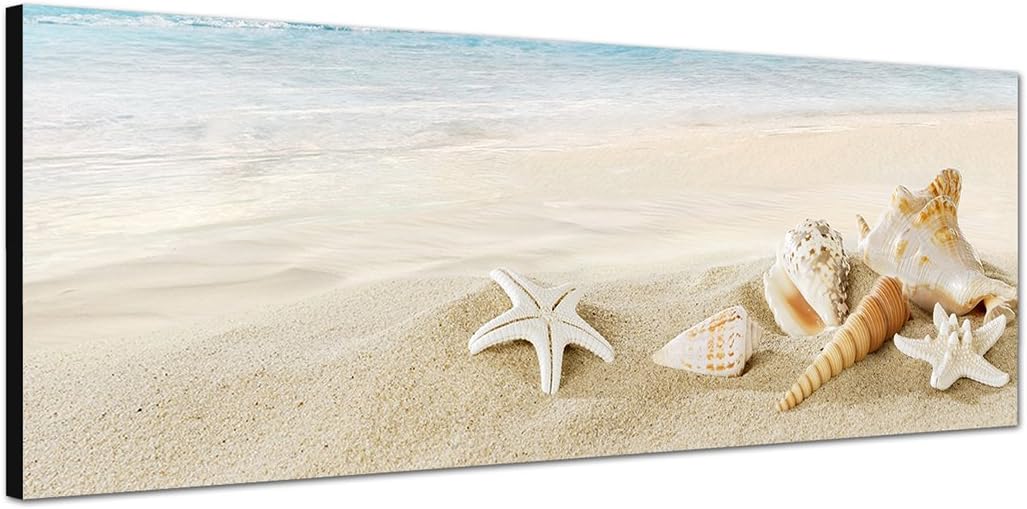 Paul Sinus Art Panoramabild auf Leinwand und Keilrahmen 150x50cm Sandstrand Meer Muscheln Schneckenh
