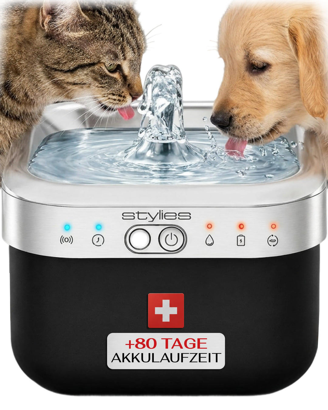 Katzenbrunnen kabellos, Trinkbrunnen Katze 2,5L, 5000mAh Akku bis 80 Tage, Bewegungsmelder, Hunde &amp;