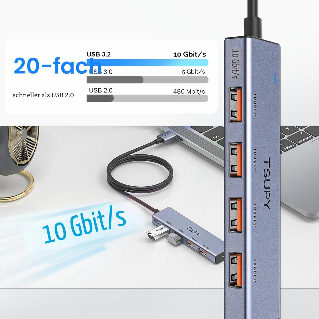 USB Hub 3.2 Gen 2, TSUPY USB Hub 10Gbps, Aluminium USB Verteiler mit 120cm Kabel kompatibel für Lapt