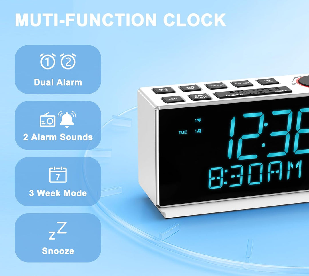 DAB+ & FM-Radiowecker mit Bluetooth, 40 Voreinstellungen, Kopfhörer, Dual-Weck mit Schlummer und Sch