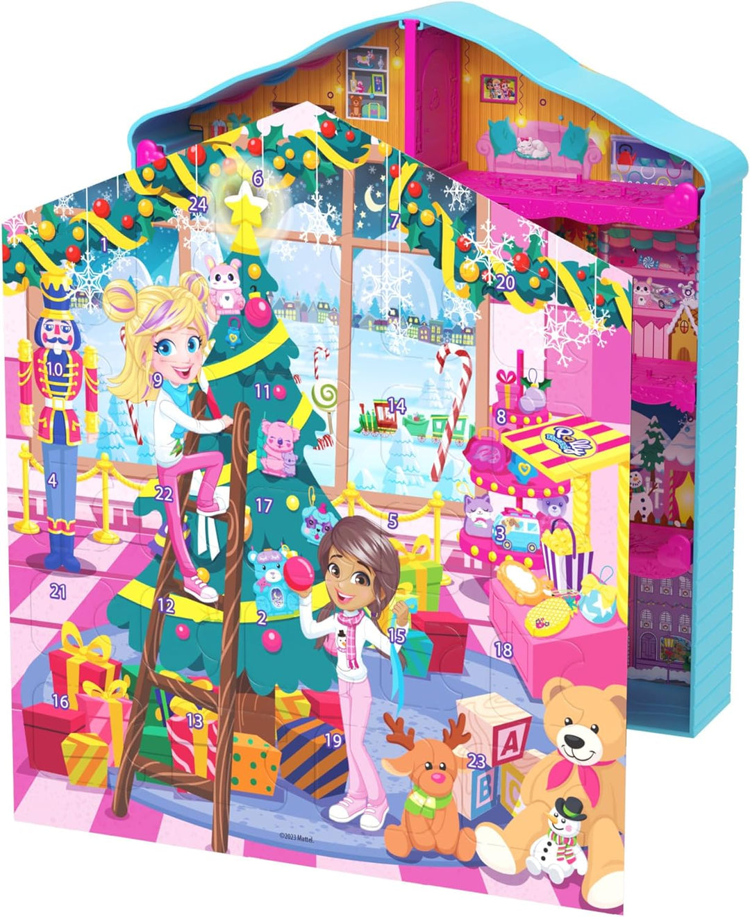Polly Pocket - Adventskalender mit Puppen, Lebkuchenhaus-Spielset mit 24 Überraschungen, Puppenhausm