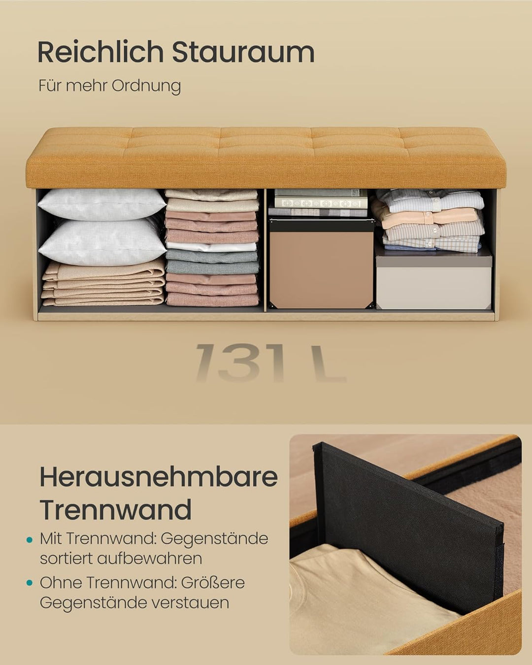 SONGMICS Sitzhocker mit Stauraum, klappbare Sitzbank, 38 x 110 x 38 cm Fussbank, Aufbewahrungsbox, b