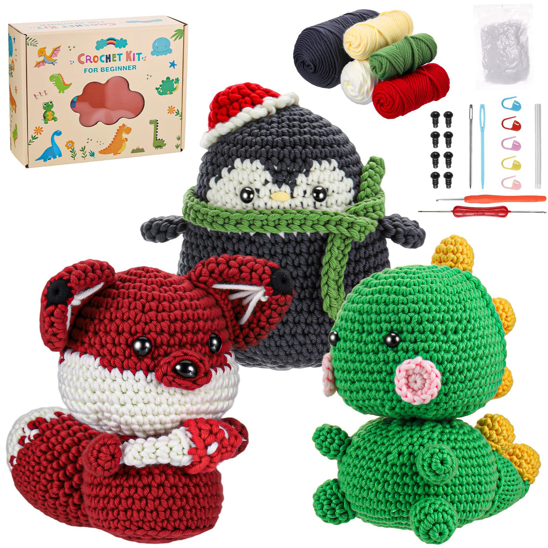 Häkelset für Anfänger Kinder - 3 Stück Tiere Häckel Kit für Kinder Erwachsene, Amigurumi Strickset m