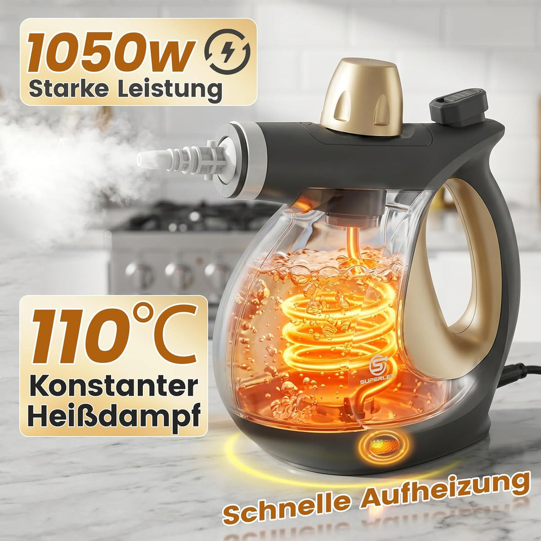 SUPERLEX Dampfreiniger Handgerät 1050W Handdampfreiniger mit 350ML Wassertank 180° Drehbare Düse Hoc