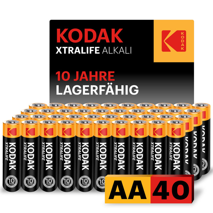 KODAK AA Alkali Batterien 1,5V (40 Stück) Hochleistungsbatterien Bis Zu 145% längere Lebensdauer, 10