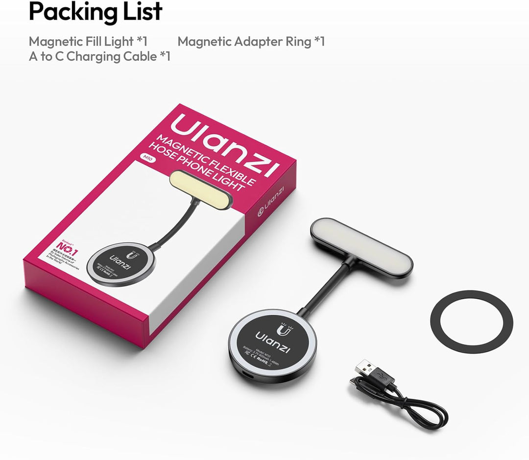 ULANZI M10 Magnetische Selfie Licht; Mini Flexible LED Handylicht, Clip-On Leseleuchte mit 5-stufig