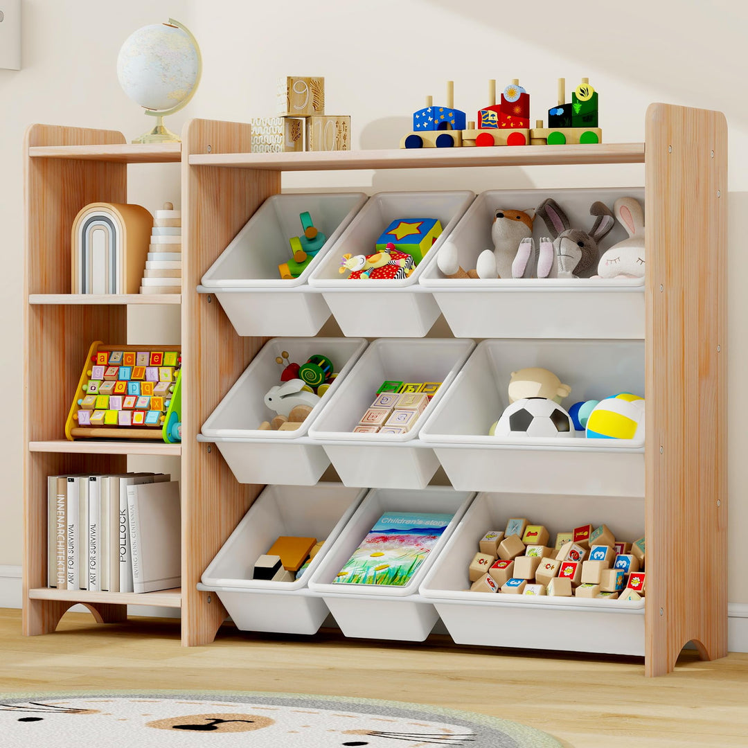 MALLBEST Bücherregal Kinder aus Massivholz – Kinderregal mit 4 Ebenen, 9 Aufbewahrungsboxen und 3 Fä
