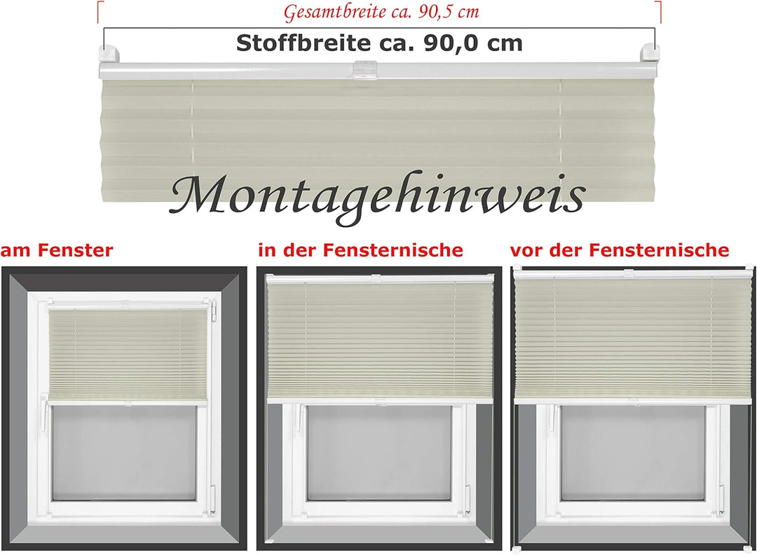 Plissee - vormontiert und mit Klemmfixierung am Fensterahmen - kinderleichte 3-Step Montage, ca. 90