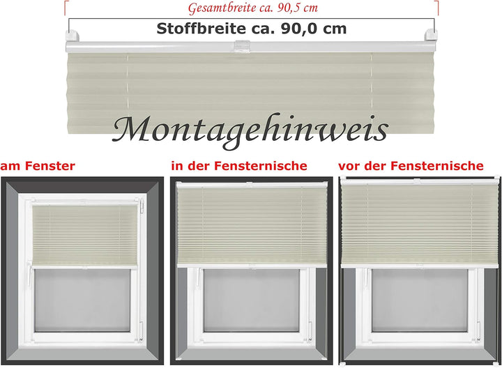 Plissee - vormontiert und mit Klemmfixierung am Fensterahmen - kinderleichte 3-Step Montage, ca. 90