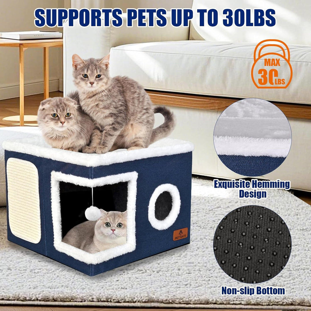 Katzenbetten für Indoor-Katzen, überdachtes Katzenhöhlenbett mit Kratzunterlage und flauschigem Ball