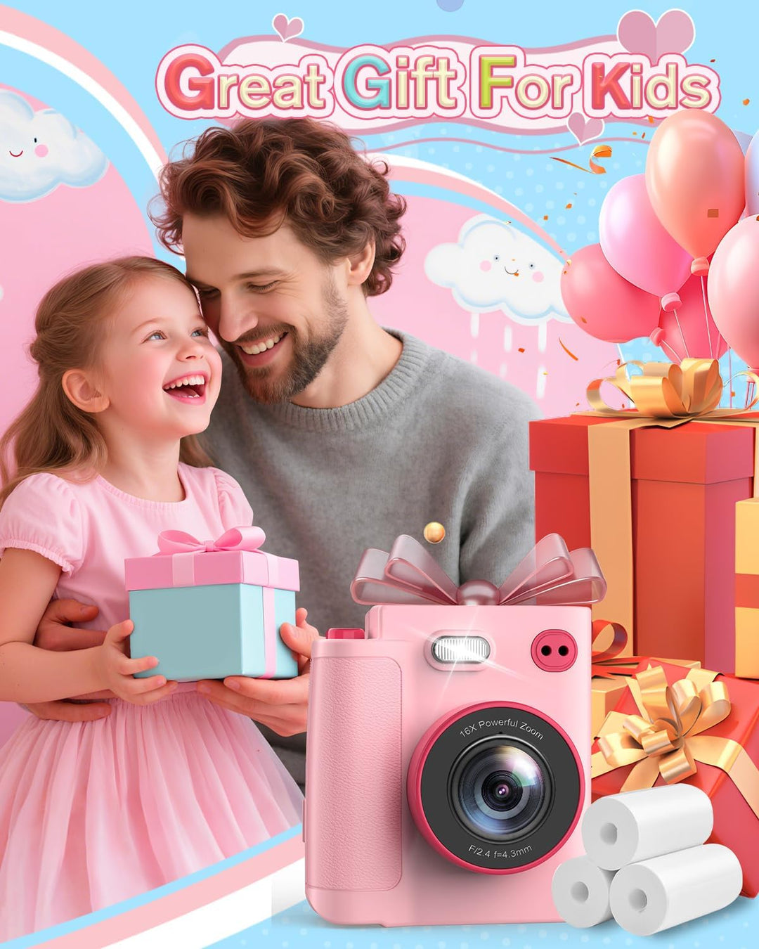 Sofortbildkamera Kinder, 1080P HD Kinderkamera Sofortbildkamera mit 32GB Karte & DruckerPapier, Kind