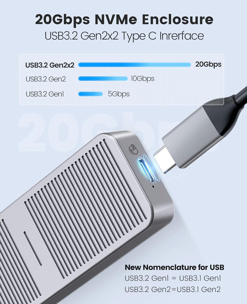 ORICO M.2 NVMe SSD Gehäuse 20 Gbps NVMe Case auf USB C 3.2 Gen2X2, Aluminium Externer Adapter für M2