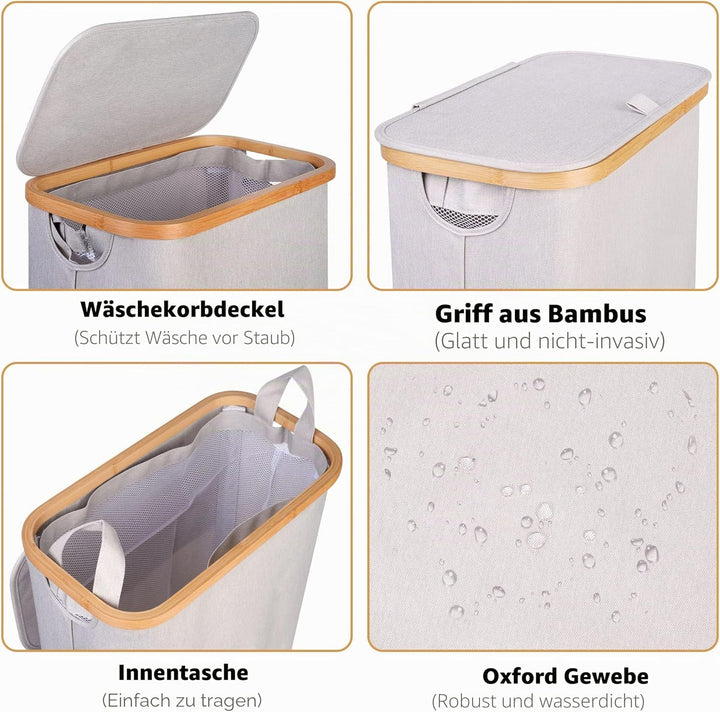 iEGrow Wäschekorb 65L, Wäschesammler Schmal mit Herausnehmbarer und Waschbarer Innentasche, Laundry