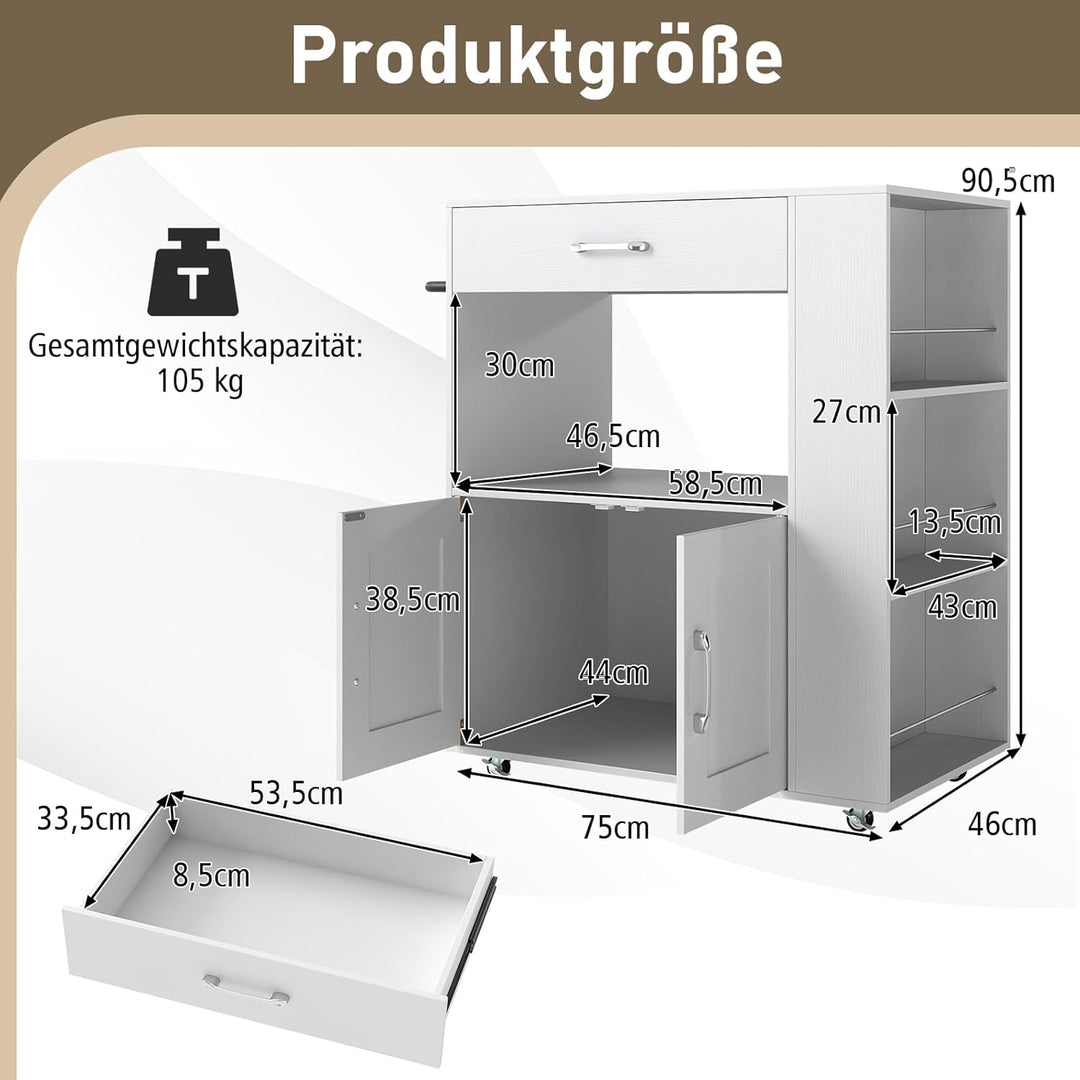 GOPLUS Küchenwagen, Servierwagen mit Schublade, Zweitüriger Schrank, Dreistufiges Gewürzregal, Wasse