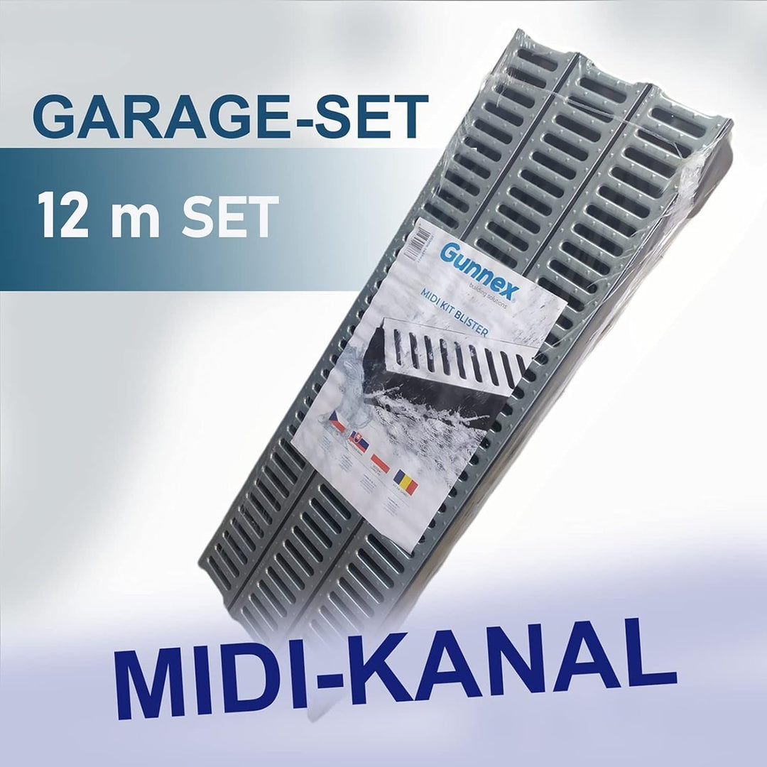 Entwässerungsrinne STAHL A15 Garage-Set 12 Meter Kit Midi-Kanal Rinne DAKOTA GUNNEX (12m), 12m