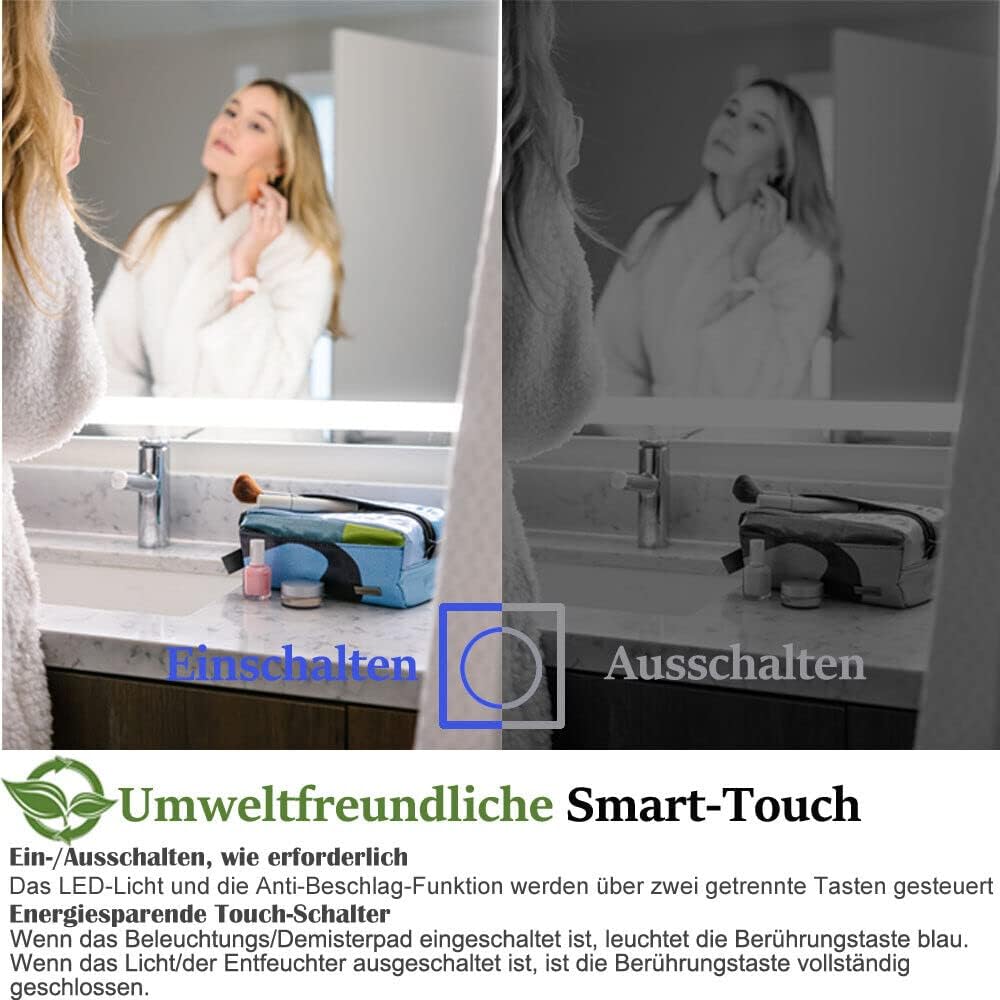 Badspiegel mit Beleuchtung Rund, Dimmbar 3 Lichtfarbe Kaltweiss Warmweiss Beschlagfrei LED Spiegel B