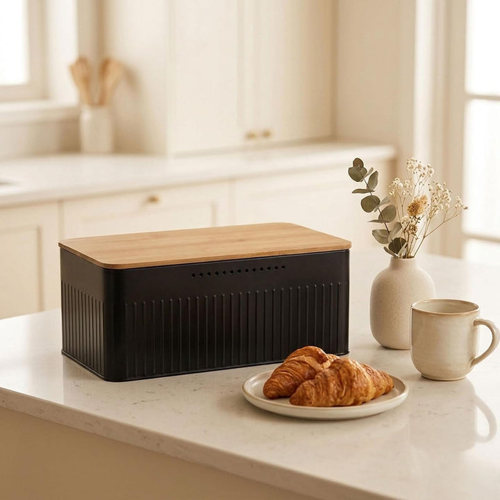 Brotkasten Metall, Brotbox mit Bambusdeckel, Brotaufbewahrung, Bread Box Gross, Brot Brötchen Toast,