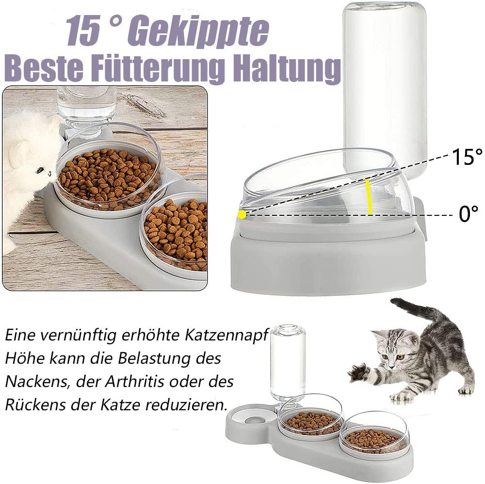 Katzennapf-Set 15° Neigbar Doppelter Futternapf für Nass- Trockenfutter, mit Automatischer Wasserfla