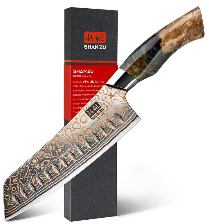 SHAN ZU Kupfer Damastmesser Santokumesser Kochmesser Handgeschmiedetes Japanisches Scharfe Messer, 3