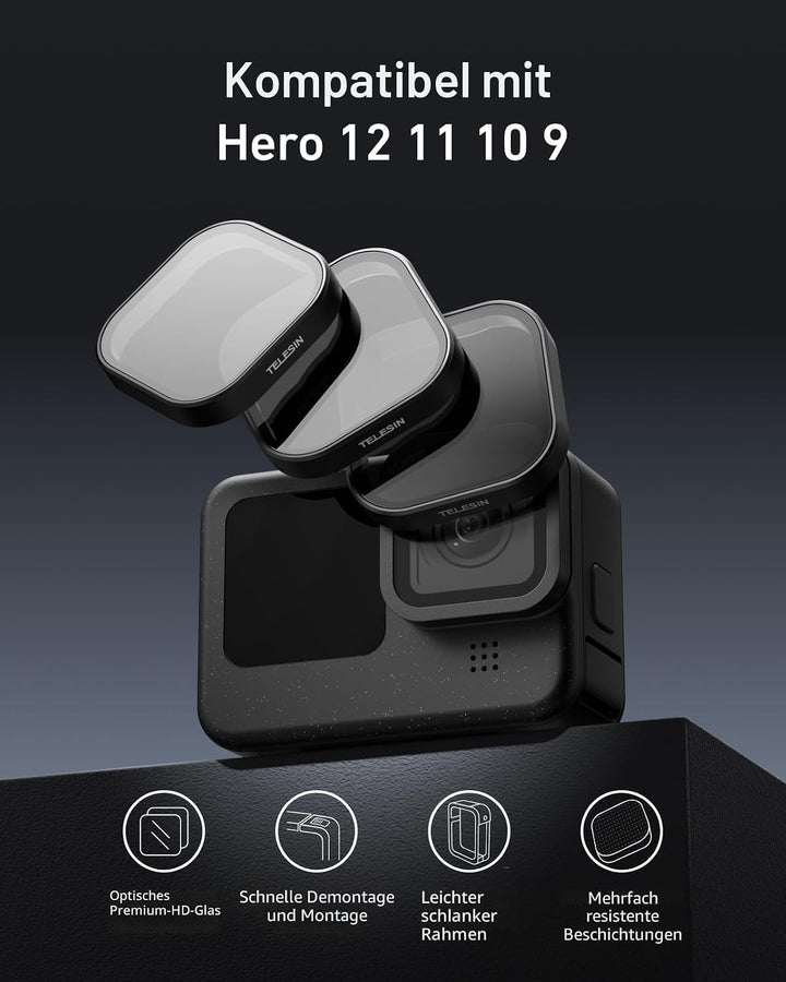 TELESIN 3 Pack GoPro Graufilter für GoPro Hero 12 Hero 11 Hero 10 Hero 9 Black, Kameralinse, Graufil