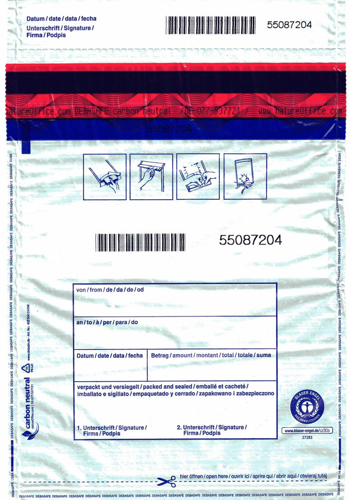 500x Sicherheitstaschen DEBASAFE 195 x 265 + 30 mm (Bon) DEBATAPE high plus - Blickdicht - Recycling