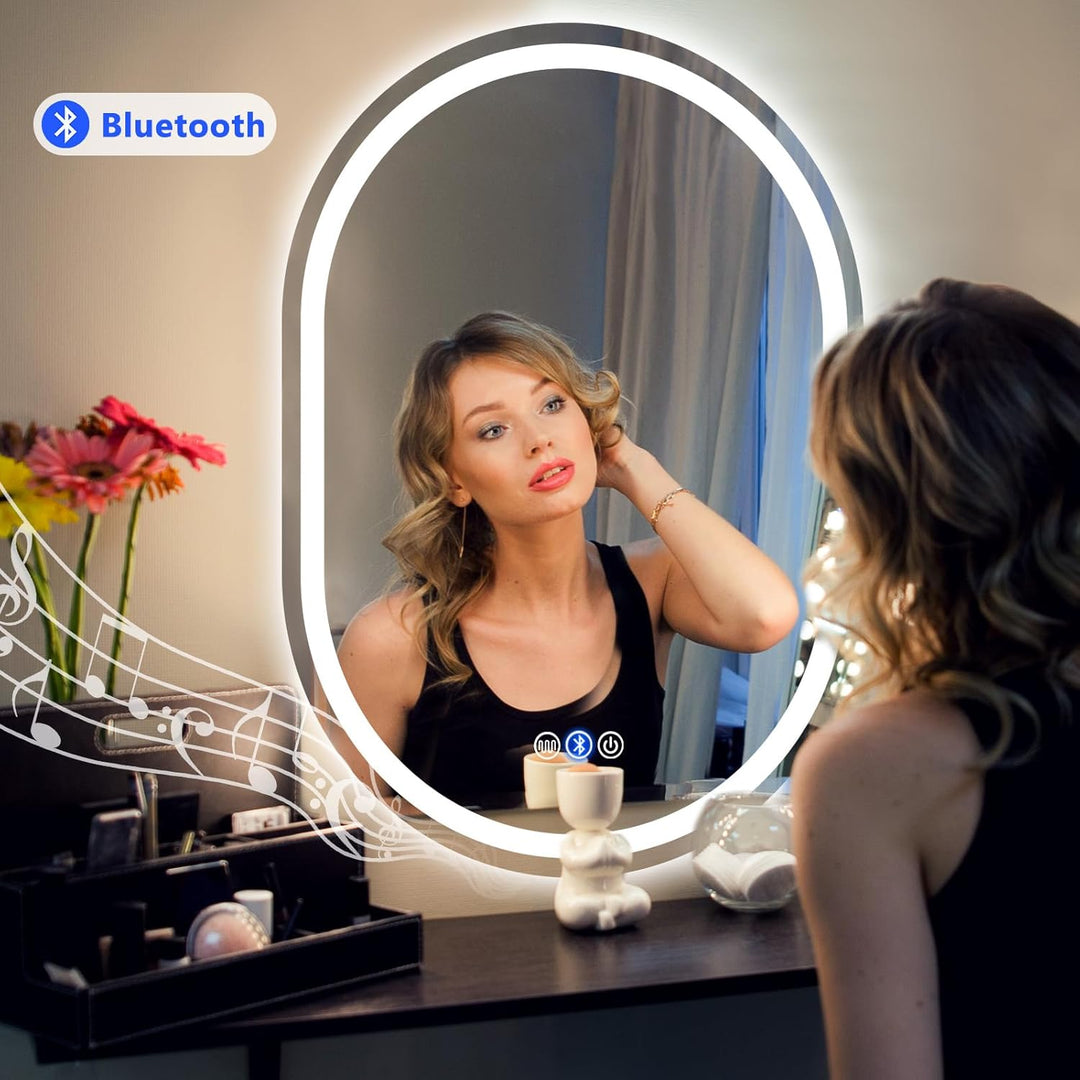 Badspiegel Mit Beleuchtung, 50x70 cm Oval Spiegel mit Beleuchtung mit Bluetooth-Lautsprecher, Badspi