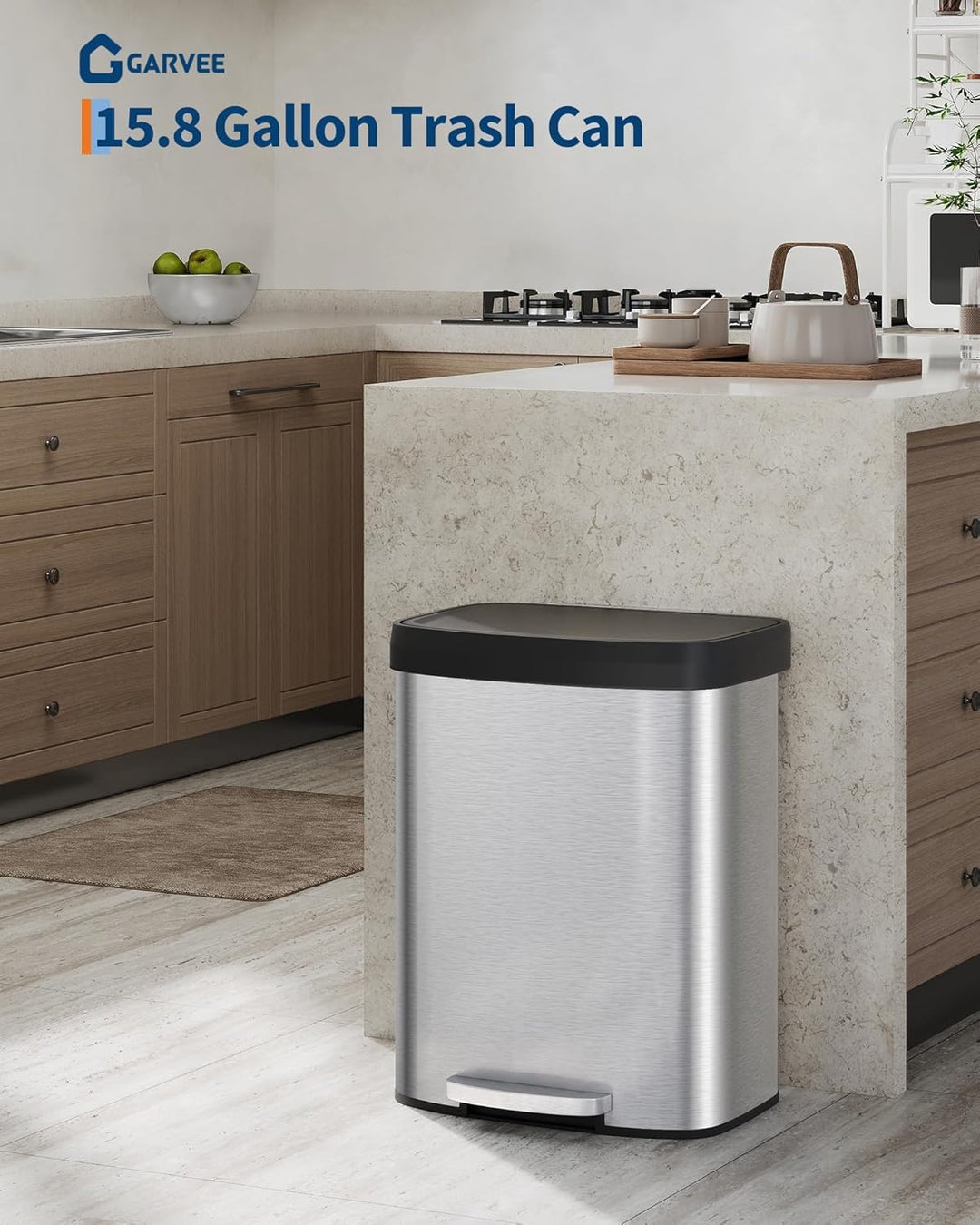GarveeHome 60L Edelstahl Mülleimer mit Deckel, grosser Tretmülleimer, Mülleimer Küche, rostfrei, mit