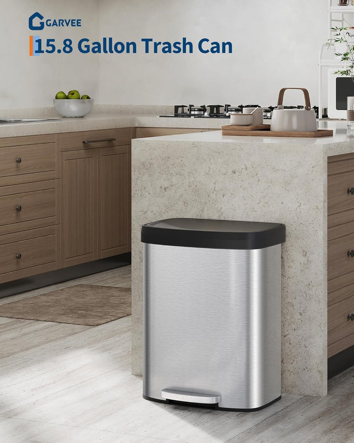 GarveeHome 60L Edelstahl Mülleimer mit Deckel, grosser Tretmülleimer, Mülleimer Küche, rostfrei, mit