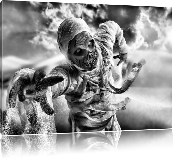 Pixxprint Monocrome, Mumie greift an, Format: 100x70 auf Leinwand, riesige Bilder fertig gerahmt mit