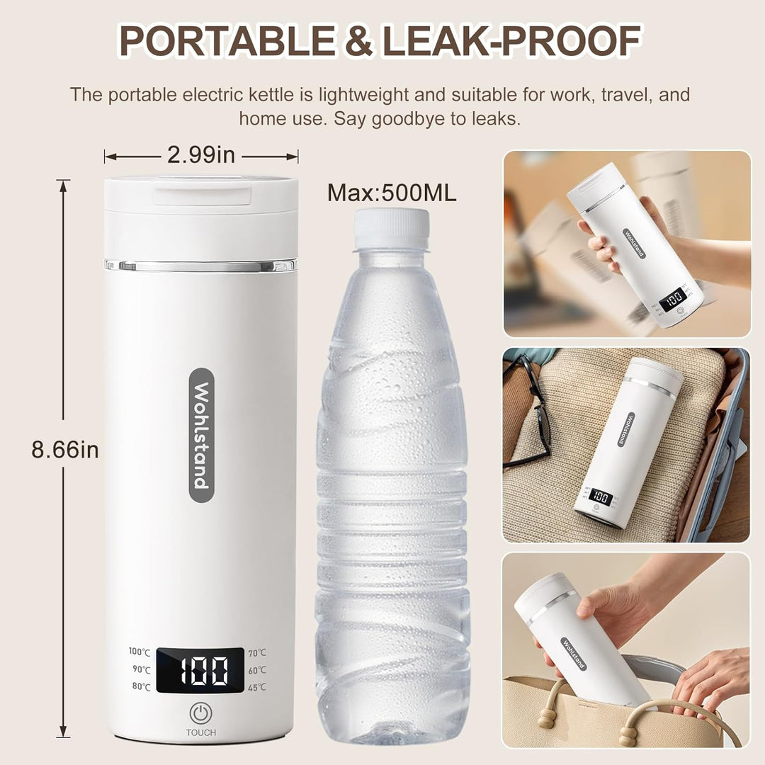 Reisewasserkocher Tragbar 500ml - Elektro-Thermobecher aus 304 Edelstahl (Weiss) - 300W Schnellaufhe