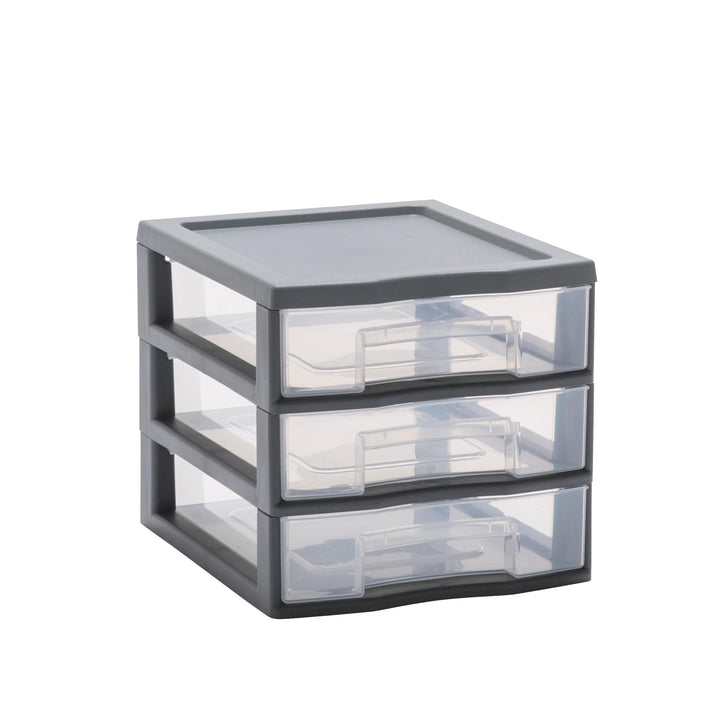 SUNDIS Tag Tower, schubladenbox aus Kunststoff, grau, 3 transparente Schubladen im Format A6, Höhe 1