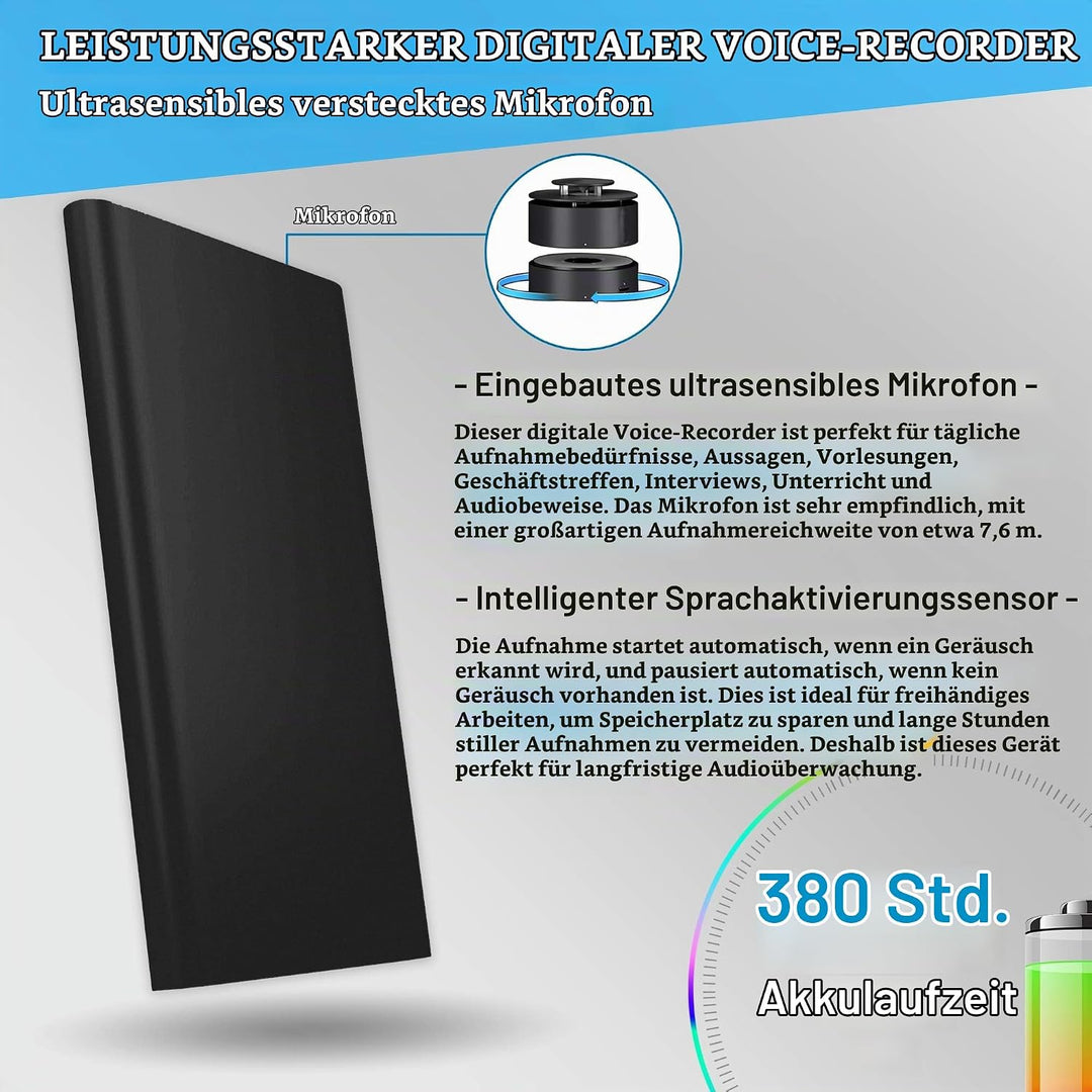 Profesionelles Aufnahmegerät – Stimmenaktivierung – 18 Tage Betriebszeit – 11 mm dünn – Energienbank