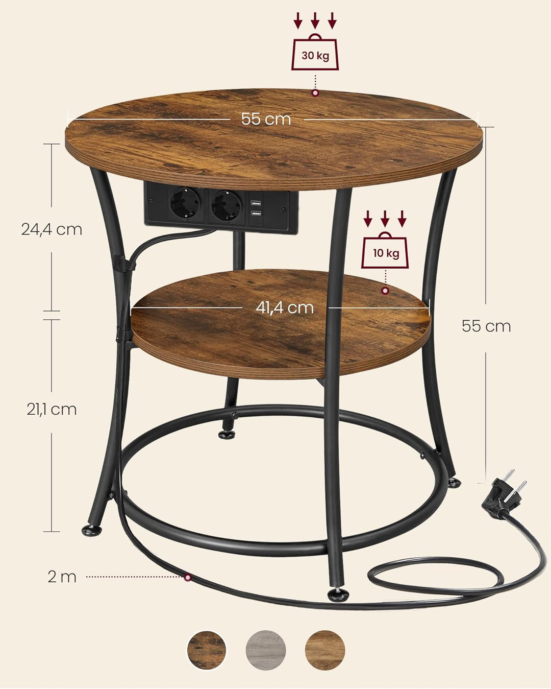 VASAGLE Beistelltisch rund, 2-stufiger Couchtisch mit Steckdosenleiste, Konsolentisch, Stahlrahmen,