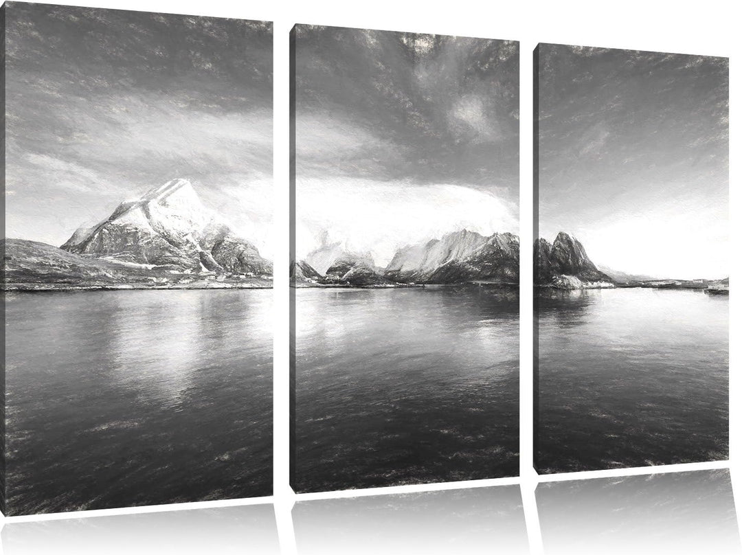 Pixxprint Lofoten in Norwegen Kunst Kohle Effekt 3-Teiler Leinwandbild 120x80 Bild auf Leinwand