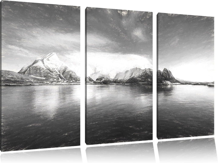 Pixxprint Lofoten in Norwegen Kunst Kohle Effekt 3-Teiler Leinwandbild 120x80 Bild auf Leinwand