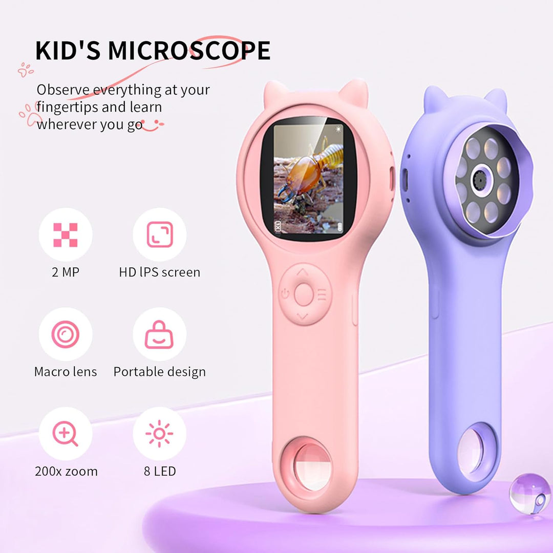 Ashfly Handheld mikroskop für Kinder, 2,0" IPS-Bildschirm 200X tragbares Taschenmikroskop für Kinder