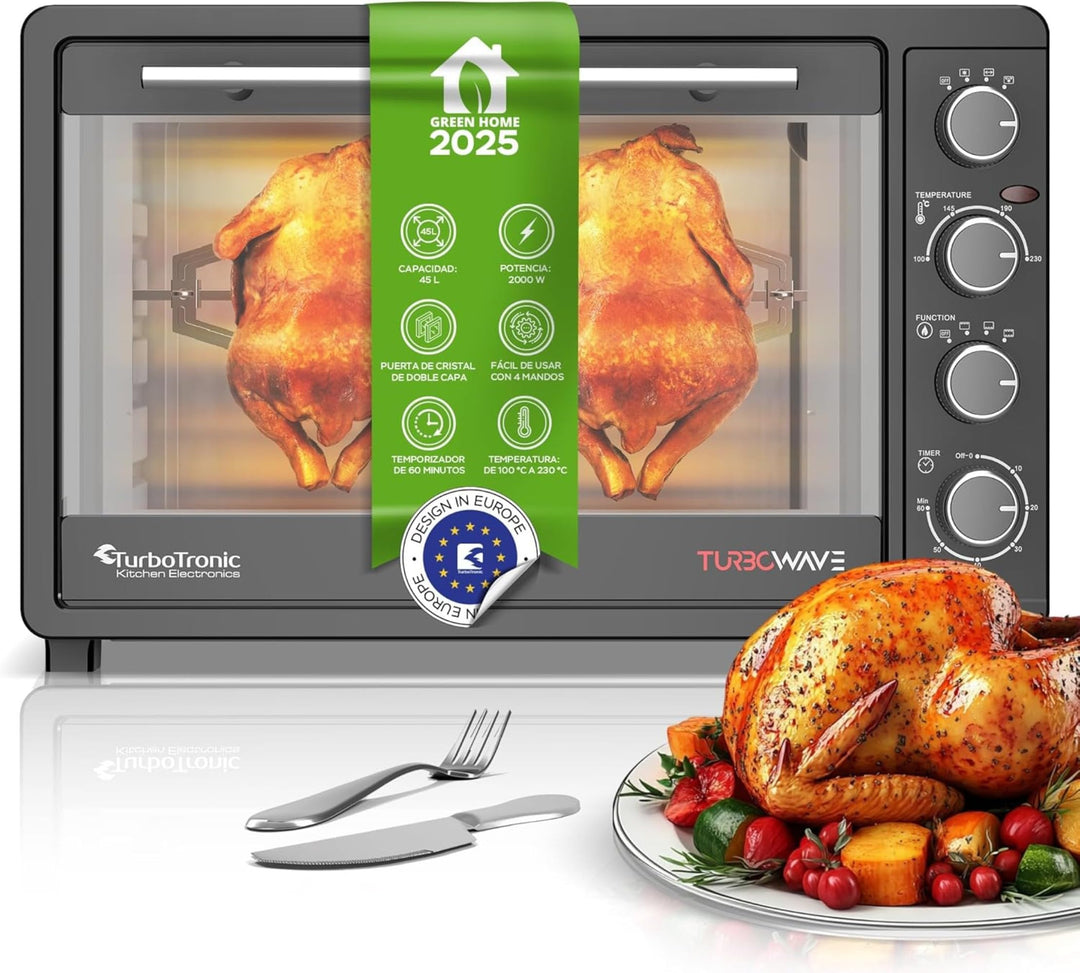 TurboTronic Minibackofen mit Umluft 45L schwarz 2000W, Drehspiess, Timer, Mini Backofen, Pizzaofen,