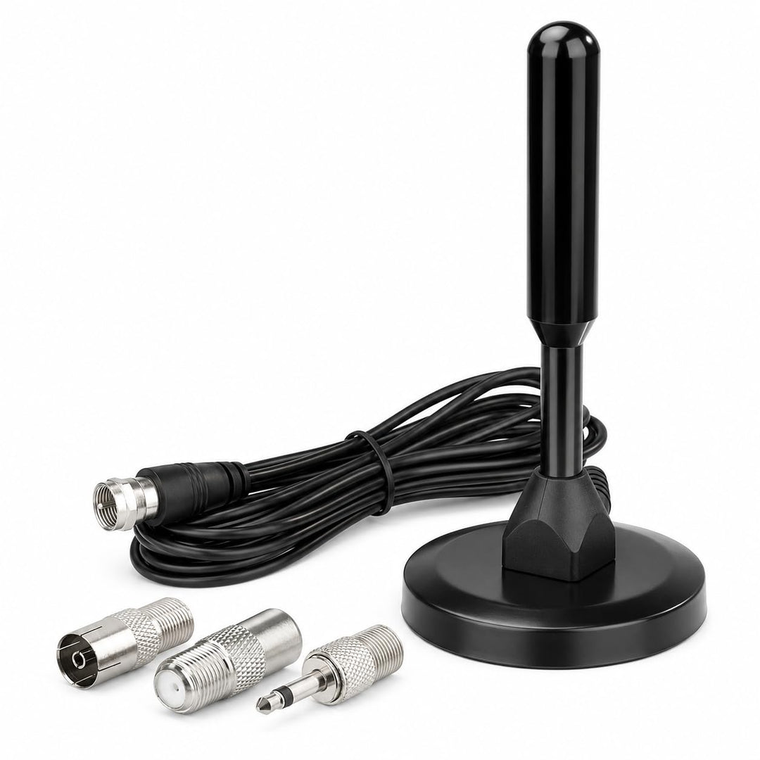 Superbat FM UKW Radio Antenne mit Magnetfuss & 3m Verlängerungskabel | F-Stecker + 3 Adapter | Kompa