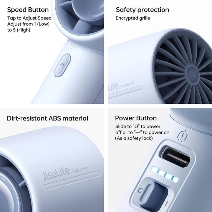 JISULIFE Mini Ventilator, 4000 mAh Handventilator Akku Aufladbar, bis zu 22 Stunden Kühlung, 5 Gesch