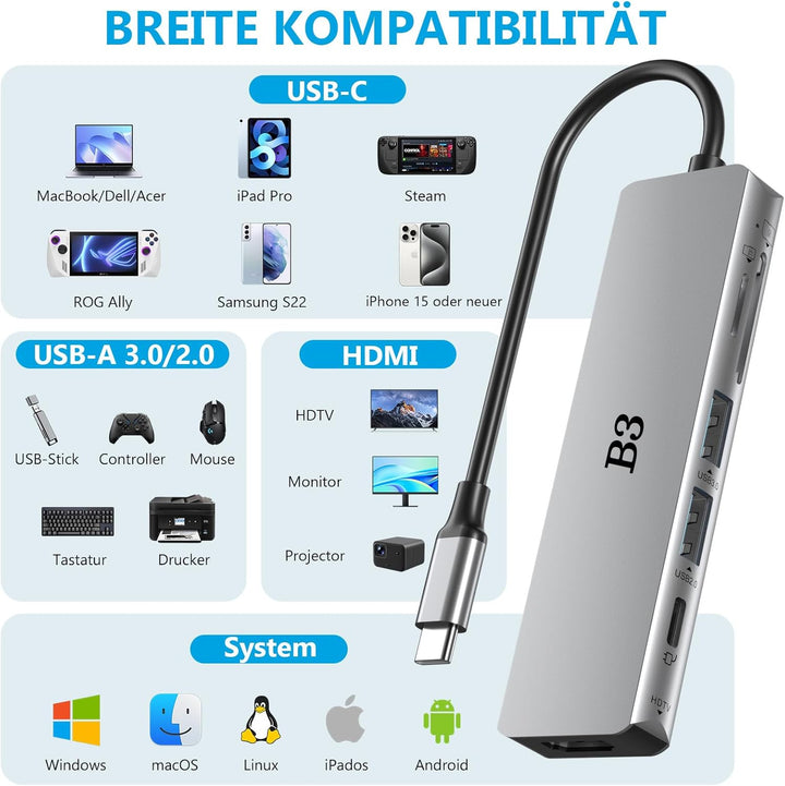 USB C Hub 6-in-1 Multiport-Adapter mit 4K@60Hz HDMI, 100W PD, 2 USB-A-Datenports, SD/TF-Kartenleser