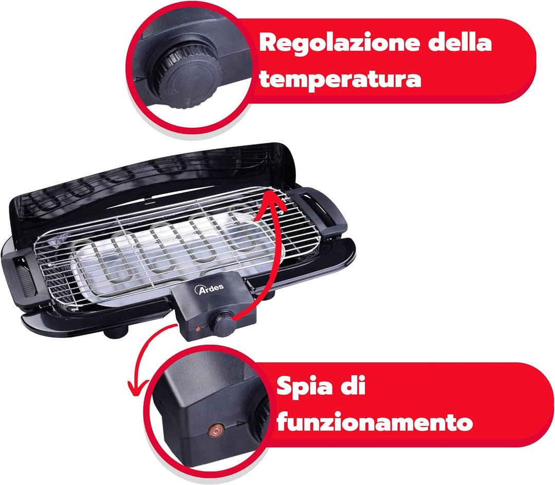 ARDES - AR1B02 Elektrogrill Rauchfrei 2000 W Tragbarer elektrischer Balkongrill Grill für Innen- und