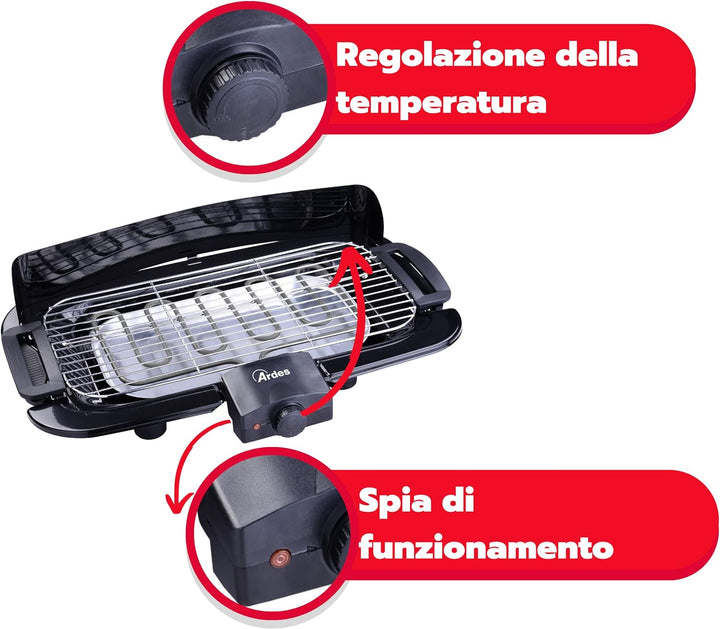 ARDES - AR1B02 Elektrogrill Rauchfrei 2000 W Tragbarer elektrischer Balkongrill Grill für Innen- und