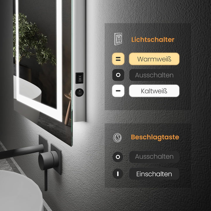 EMKE Badspiegel mit Beleuchtung 50x60cm Badezimmer Spiegel mit 2 Lichtfarbe Warmweiss/Kaltweiss, Ant